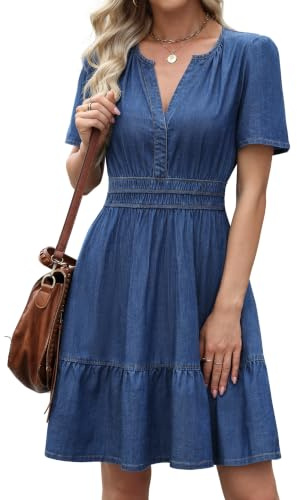 Fengbay Denim Dresses for Women V Neck Elastic Waist Tiered Jean Dress | Tiered Ruffle Hem with Pockets, Short Sleeve A Line Dress Suitable For Summer Daily Holiday Party Wear