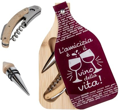 PuntoCasaStore Linea Bordeaux Accessori Vino in Legno bomboniera 2026 Idea Regalo Matrimonio Anniversario casa Elegante (Set 2pz (cavatappi e Tappo) Bottle 9x20 cm)
