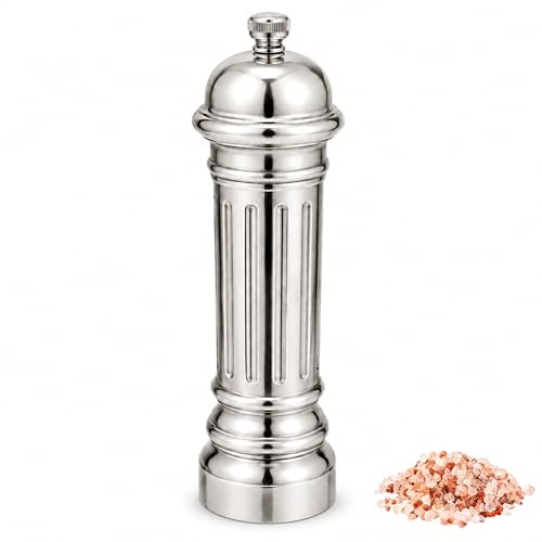 Aurevit Metal Salt Grinder, Heavy Duty High Output Salt Mill with Adjustable Coarseness, 316L Stainless Steel, Refillable (Silver)