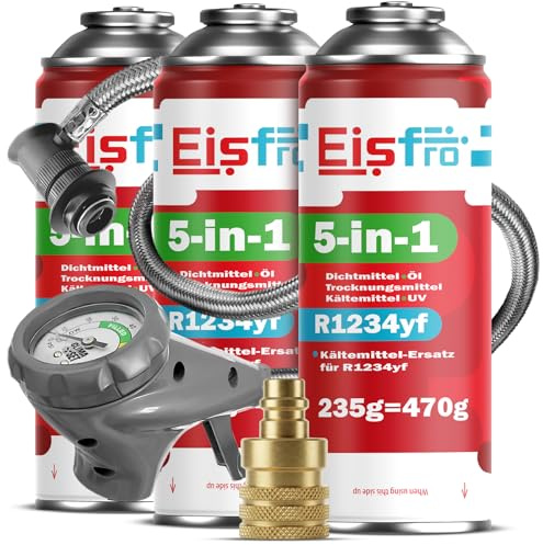 Eisfro - 5 en 1 sustituto R1234yf XL + Manguera + Adaptador YF para Aire Acondicionado de automóvil con Aceite, aditivo sellador, colorante UV, Agente deshidratante – Protege el compresor – 3 x 235 g