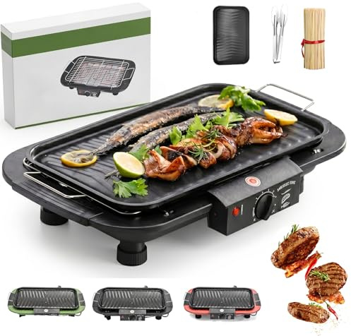 2000w Electric Bbq Grill, Smokeless Indoor & Outdoor Portable Barbecue With Removable Stand, 6 Temp Settings & Double Heating Tube, Includes Grilling Tongs, Skewers, And A Grill Pan.(Black)