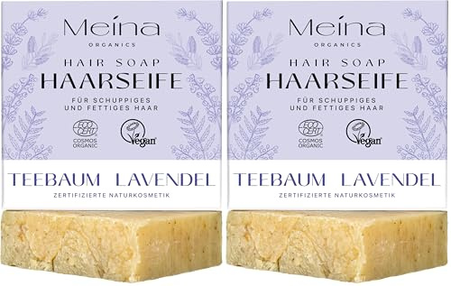 Meina Bio Haarseife für fettiges Haar gegen Schuppen mit Teebaum, Vegan, 100% Natürlich, Zertifizierte Naturkosmetik, Handgemacht, Plastikfrei, Ohne Palmöl, Wie ein festes Shampoo, 80g (Packung mit 2)