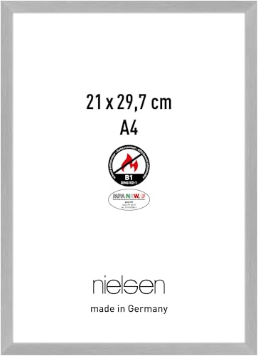 nielsen Aluminium Bilderrahmen C2-B1, 21 x 29,7 cm (A4), Silber | Aluminium Dokumentenrahmen im Hoch- & Querformat zum Aufhängen Silber gebürstet Echtglas Bilderrahmen mit Brandschutz B1