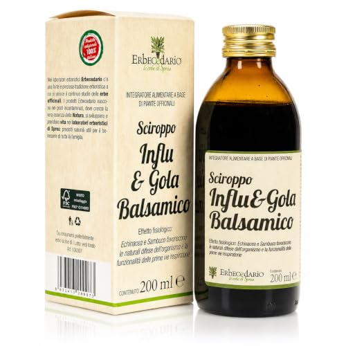 Erbecedario sciroppo Influ&Gola balsamico, favorisce il benessere delle vie respiratorie, integratore difese immunitarie con propoli lenitivo su naso e gola per adulti e bambini, 1 Flacone da 200ml