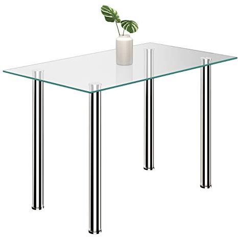 JEFFORDOUTLET Modern Glass Dining Rectangle Table with Chromed Legs,Kitchen Dining Room Furniture