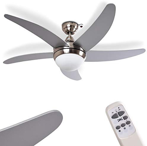 Ceiling Fan Morino Made of Metal/Wood/Glass in Nickel matt/Silver, Ceiling lamp with Fan incl. Remote Control switchable in 3 Steps, Suitable for Summer and Winter, Without Bulbs