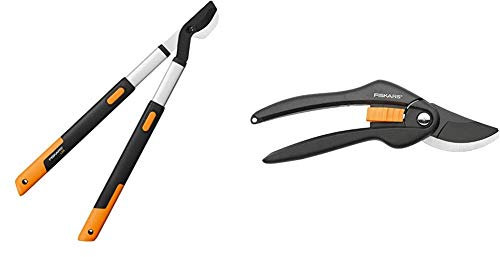 Fiskars SmartFit Bypass-Teleskop-Astschere für frisches Holz, Grifflänge: 66 bis 90 cm, Schwarz/Orange, L86, 1013564 & Bypass-Gartenschere für frische Äste und Zweige, Länge 20 cm, Schwarz/Orange