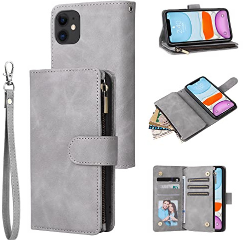QLTYPRI Case for iPhone 11, Large Capacity Leather Wallet Case 6 Card Holder & 1 Zipper Pocket Kickstand Wrist Strap Magnetic Protective Cover for iPhone 11 (6.1 Inch) - Grey