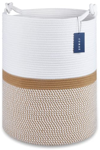 COMSE Tall Woven Blanket Basket, Laundry Hamper 72L, Blend White & Khaki | Cotton Rope, 40 x 55 cm, Large Nursery Hamper for Storage of Toys Clothes Towels, Great for Living Rooms Bedrooms Bathrooms