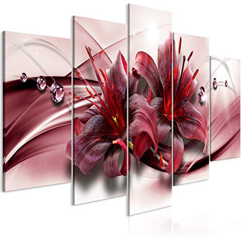 decomonkey Bilder Lilie Abstrakt 150x75 cm 5 Teilig Leinwandbilder Bild auf Leinwand Wandbild Kunstdruck Wanddeko Wand Wohnzimmer Wanddekoration Deko Blumen rot