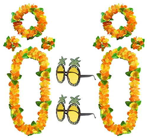 Hawaii Blumenkette 10 Stück Hawaii Kette Blumen Ananas Kostüm Sonnenbrille Set mit Armbänder Stirnbänder and Halsketten Hawaii Deko für Beach Aloha Luau Party Accessoires