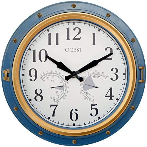 OCEST 16 Inch Garden Clocks Outdoor Waterproof, Large Thermometer, Hygrometer, Retro Design, Non-Ticking Battery Operated for Home Decor Patio (Blue)