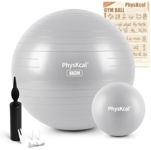 PhysKcal 55cm Grey Dicker Gymnastikball und 23 cm Pilatesball Set, Anti Burst Gymnastikball, Anti-Rutsch-Sitzball, Balanceball, Yogaball für Zuhause, Fitnessstudio und Büro