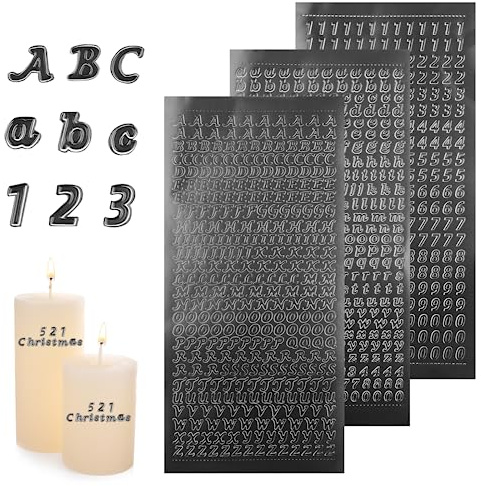 Wachsbuchstaben für Kerzen, 3 Blatt Buchstaben Aufkleber Zahlen (Schwarz) | Wachszahlen Sticker, Klebebuchstaben für Taufe Kommunion Hochzeit Fotoalbum Scrapbook