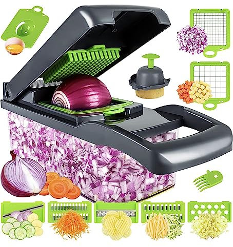 Vegetable Chopper, Pro Onion Chopper, Multifunctional 13 in 1 Food Chopper, Kitchen Vegetable Slicer Dicer Cutter, Veggie Chopper with 8 blades, Carrot and Garlic Chopper with Container (Gray)