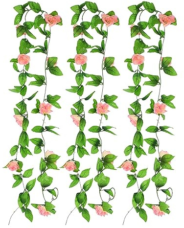 SKYPRO 3 Stück Rosenranken-Grünpflanzen-Blättergirlande Künstliche Blumen Pflanzen für Hotel, Hochzeit, Heim, Party, Garten, Handwerk, Kunst, Dekoration (Pfirsich)