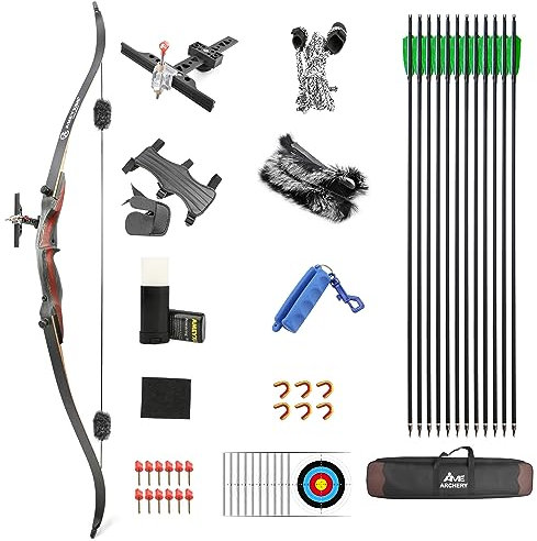 wolfman 62 Bogenschießen Recurve Bogen und Pfeil für Erwachsene 20-50lbs Takedown Holzbogen Set Jagd Recurvebogen Set für Zielschießen Rechtshänder (20LBS)