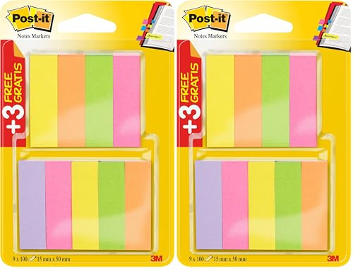 Post-it 670-6+3 Haftstreifen Page Marker (schmal, 15 x 50 mm) 9 x 100 Blatt, neonpink/-grün/-gelb/-orange/-violett (Packung mit 2)