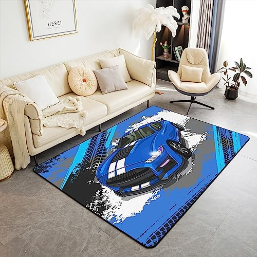 Homewish Tapis Chambre 100x150 Bleu pour Enfants Garçons Hommes, Tapis Salon de Voiture de Course Graffiti, Tapis d'intérieur de Piste de Voiture Grunge Antidérapant, Tapis de Sol Voiture