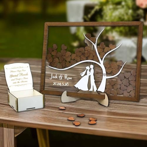 JeathFea Guest Book Matrimonio Legno Personalizzato - con 50-100 Cuori Vuoti - Cornice per Libro degli Ospiti in Legno - Decorazione Nuziale