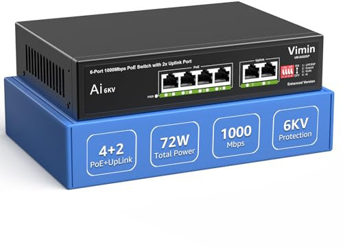 4-Port Gigabit PoE-Switch mit 2 Uplink-Ports, VIMIN 4-Port Unmanaged 10/100/1000Mbps Netzwerk PoE-Switch mit 2 Uplink-Ports, AI Watchdog, VLAN, Verlängerung 250m, unterstützt IEEE802.3af/at, 72W