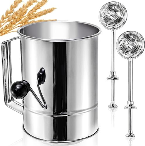 Pumtus 3 Pack Flour Sifter Set, 5 Cup Hand Crank Sifter with 2 Pieces Baker's Dusting Wands, Stainless Steel Fine Mesh Baking Sifter with Agitator Rotary, Powdered Sugar Duster for Baking Dessert