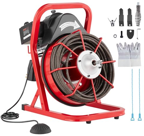 VEVOR Déboucheur Électrique de Canalisation 22,8 m x 1,27 cm Machine de Nettoyage de Tuyaux Alimentation Manuelle Nettoyeur de Tubes 370 W avec 4 Coupeurs, Commande à Pied par Air pour Tuyaux 5-10 cm