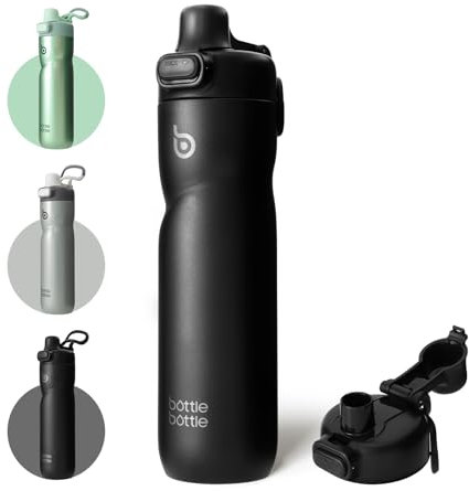 BOTTLE BOTTLE Insulated 24 oz Stainless Steel Water Bottle with Flip Top Lids, Vacuum Insulated, Portable Handle, Wide Mouth, Perfect for Hiking, Cycling, Travel, Sports, Black
