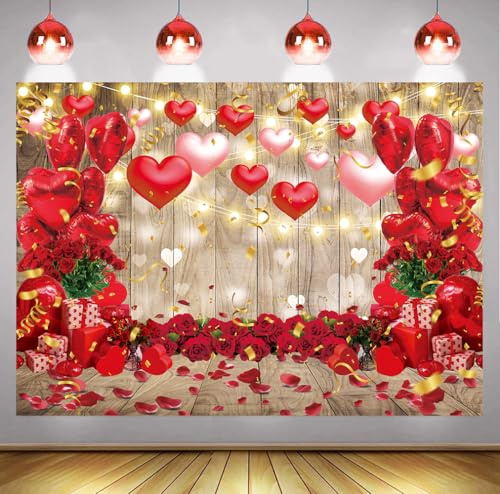 Toile de fond « Happy Valentine's Day » - 2,4 x 1,8 m - En bois rouge - Cœur d'amour - Pour photographie - Rose romantique - Décoration de fête de Saint-Valentin - Décoration de gâteau - Accessoires