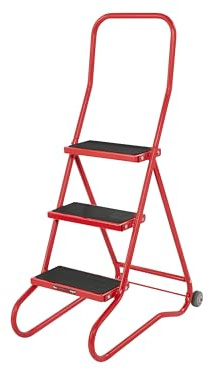 The Workplace Depot Wheelalong Safety Steps, Heavy Duty Red Powder Coated Steel Mobile Steps with Wheels & Ribbed Non-Slip Rubber Treads for Workplace, Office, Warehouse (3 Tread)