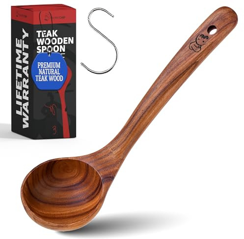 Priority Chef Large Wooden Ladle – Teak Soup Spoon with Long Handle for Serving and Stirring, Nonstick Safe and Easy to Clean – Premium Wooden Utensil for Kitchen Use