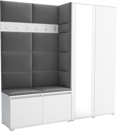 Brent - Flurgarderobe Luton 4, Garderobe Set: Schuhbank mit Sitzfläche, Garderobenpaneel, Garderobe mit Spiegel, Flur Möbel, Weiß + Polsterpaneele in Hellgrau