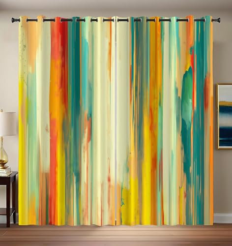 CEDNXOER Verdunklungsvorhänge 2er Set - H 175 x B 140 cm Thermovorhang Hitzeschutz, Grün Streifen Vorhang Blickdicht mit Ösen, Abstrakte Textur Lärmschutzvorhang, Gelb Gardinen Jugendzimmer