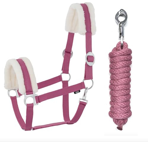 JA Horse JA4004 Comfort Kunstfell Halfter Set Panikhaken, Pink, Pony | Comfort Pferdehalfter mit Kunstfell Führstrick Set, verstellbar mit Panikhaken für Pferd Holzpferd