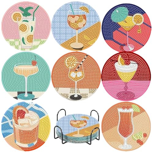 AMFUN 8 Stück Diamond Painting Untersetzer Mit Halter, Cocktail Diamond Painting Untersetzer Bastelset, Diamant Tassenuntersetzer, Geburtstagsgeschenk für Erwachsene Kinder Mädchen