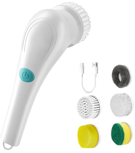Rechargeable Electric Cleaning Brush with 5 Brush Heads - 300rpm Cordless Power Scrubber for Bathroom, Kitchen & Tile Cleaning - IPX7 Waterproof UK Design
