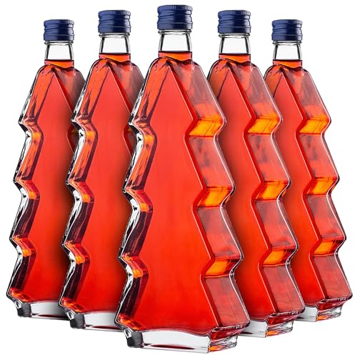 KADAX Lot de 5 bouteilles en verre en forme de sapin de Noël, 500 ml, avec bouchon à vis bleu – Bouteilles vides à remplir avec liqueur & eau-de-vie, idéal pour Noël & comme cadeau