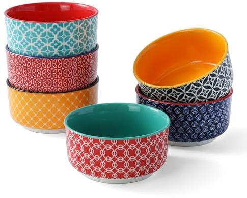 DOWAN Juego de 6 cuencos de porcelana para souffle de 235 ml, aptos para horno, pequeños cuencos para horno y microondas, airfryer y lavavajillas, diámetro de 10,5 cm, multicolor