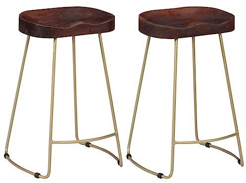 Qnhdfrt Gavin Mango Lot de 2 tabourets de bar en bois massif de mangue 45 x 40 x 62 cm Marron noyer et laiton Chaise de bar industrielle pour cuisine, extérieur, robuste et durable pour salle à manger