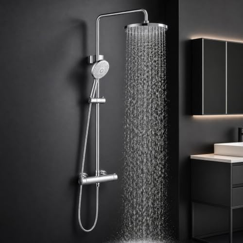 JUSTER Miscelatore termostatico doccia, Colonna doccia con miscelatore | Colonna doccia，coccia pioggia 25 cm, 3 getti, altezza reg., miscelatore termostatico 38°C, accessori, installazione facile.