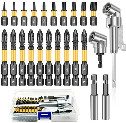 GZcaiyun Verlängerung Magnetisch, Winkelbohraufsatz und Torx Bit Set | 2 Winkelschrauber Aufsatz, 2 Schnellwechsel Bit Verlängerung, 20 Bit-Sortiment Sechskantschaft, mit Box