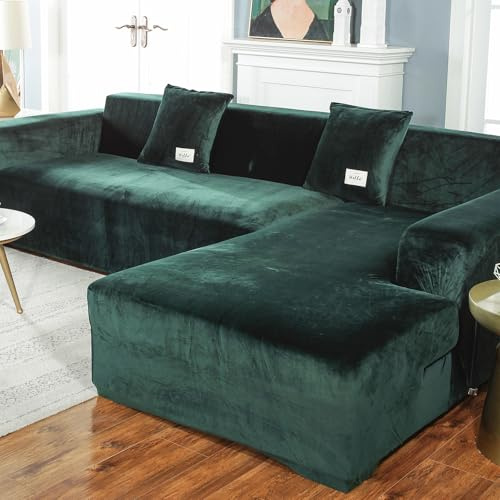 VanderHOME High Stretch Sofa überzug l Form Moderne Weicher Herbst/Winter Sofaüberzug Plüsch Einfarbig Rutschfester Sofahusse Für Wohnzimmer Protector Für Hunde Haustiere (2 Sitzer, Dunkelgrün)