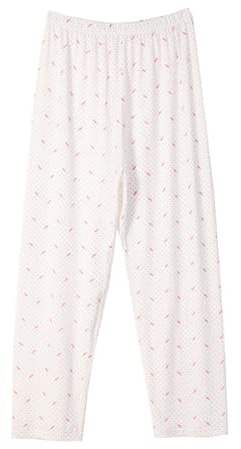 Medelålders Äldre Seniorer Dam 100 % Bomull Långkalsonger Bekväma Lösa Mamma- Och Mormorsunderställsbyxor Nattkläder(Printed White 1,XXL)