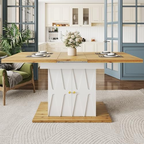 Moimhear Esstisch, Tisch mit Reliefmuster, 110-140x70x76.5cm, Holzfarbe + Weiß, Ausziehtisch für Küche & Wohnzimmer, mit Holzfurnier & Relief-Dekor