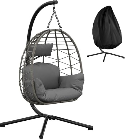 Aptliton Swing Egg Chair Indoor&Outdoor, Hanging Chair with Metal Stand, Foldable Hammock Chair, 150kg Weight Capacity, Weatherproof PE Rattan with Dust Cover & Cushions for Patio, Balcony, Grey