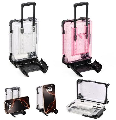 Mini Koffer Geschenkbox 2 Stück Weiß Rosa mit Handyhalter | Kunststoff Geldgeschenk Urlaub Reisekasse Verpackung, Kompakt Praktisch, Reiseandenken für Geburtstag Hochzeit