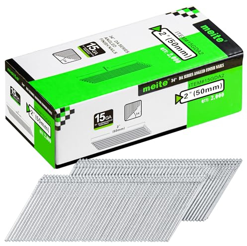 meite DA50 Type 15G / 50 mm Angled Finish Nails, 15 Gauge 34 Degree Galvanised Angled Finishing Nails for Nail Guns - Ideal for Woodworking, Upholstery, and Framing Projects (2,000 Counts)