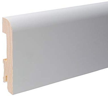 Plinthe en bois massif de 24 m avec bord avant arrondi blanc RAL9010 - Hauteur : 80 mm.