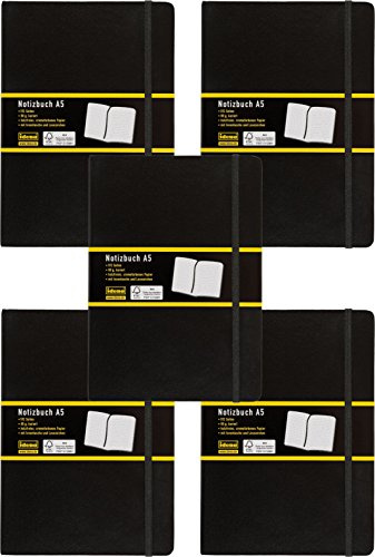 5er Pack Idena 209281 - Notizbuch DIN A5, 192 Seiten, 80 g/m², kariert, schwarz