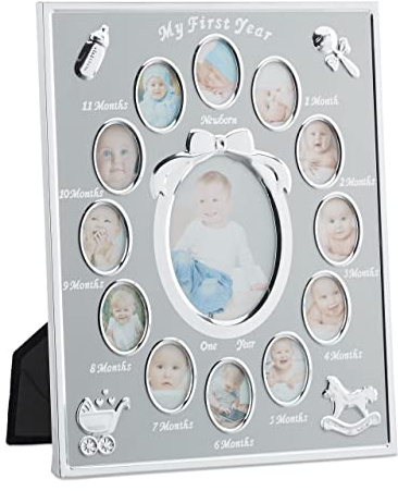 Relaxdays Nursery Picture Frame for 13 Photos, Month Aluminium Photo Calendar, 29 x 24 cm, Display Collage, Silver